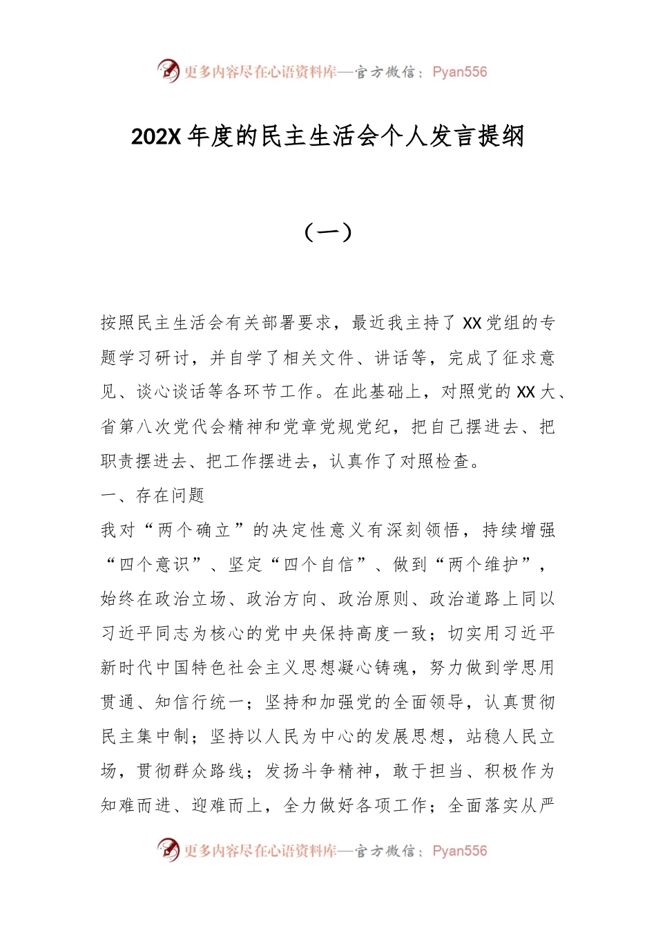 202X年度的民主生活会个人发言提纲（一）.docx_第1页