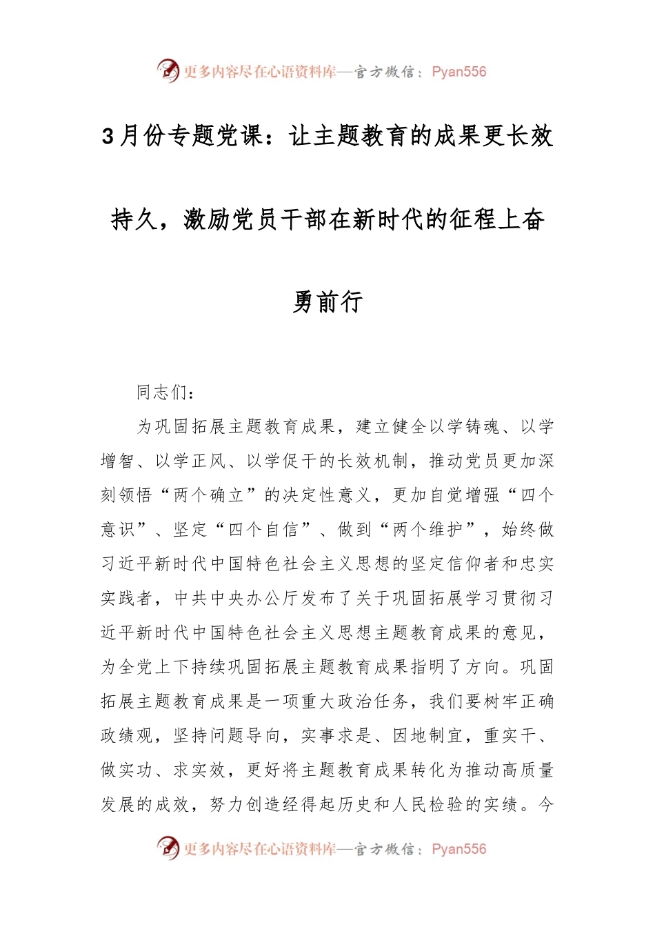 3月份专题党课：让主题教育的成果更长效持久，激励党员干部在新时代的征程上奋勇前行.docx_第1页