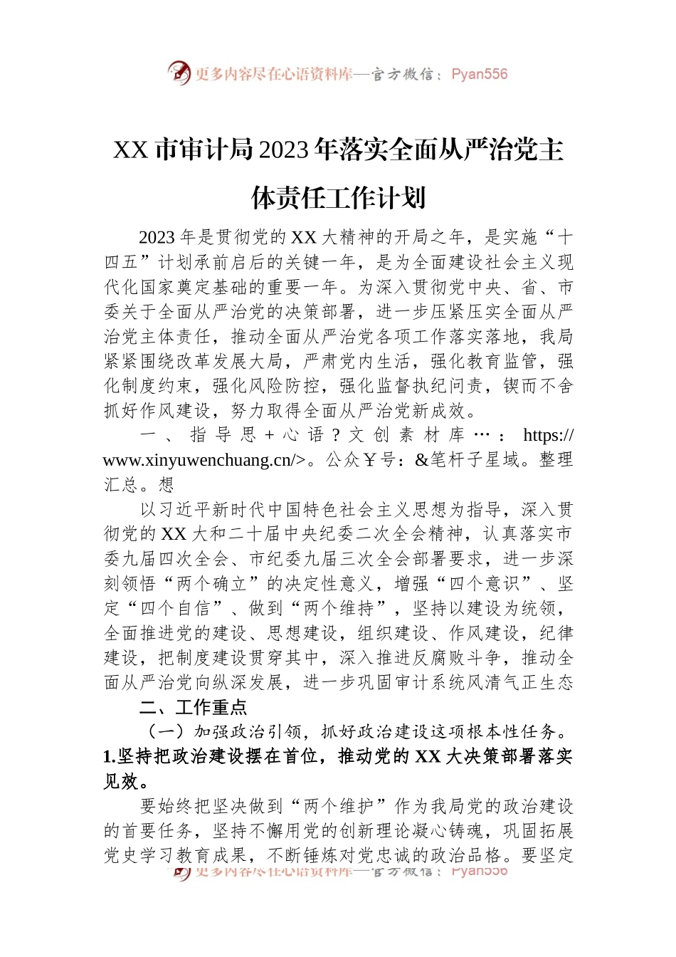 XX市审计局2023年落实全面从严治党主体责任工作计划.docx_第1页