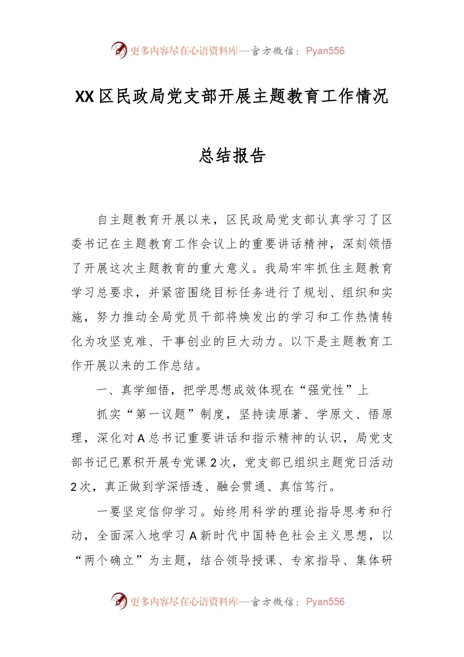 XX区民政局党支部开展主题教育工作情况总结报告.docx_第1页