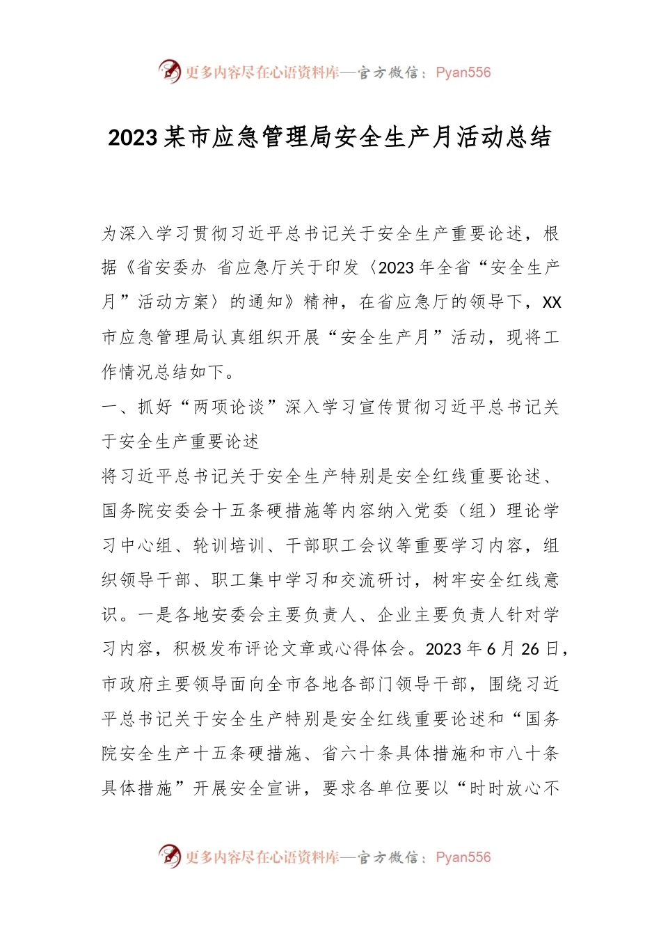 2023某市应急管理局安全生产月活动总结.docx_第1页