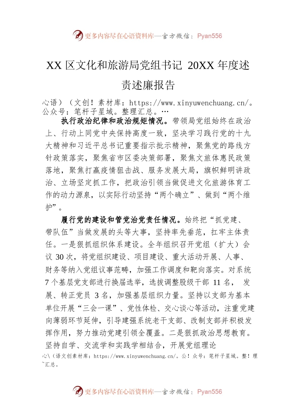 XX区文化和旅游局党组书记20XX年度述责述廉报告（20220226）.docx_第1页