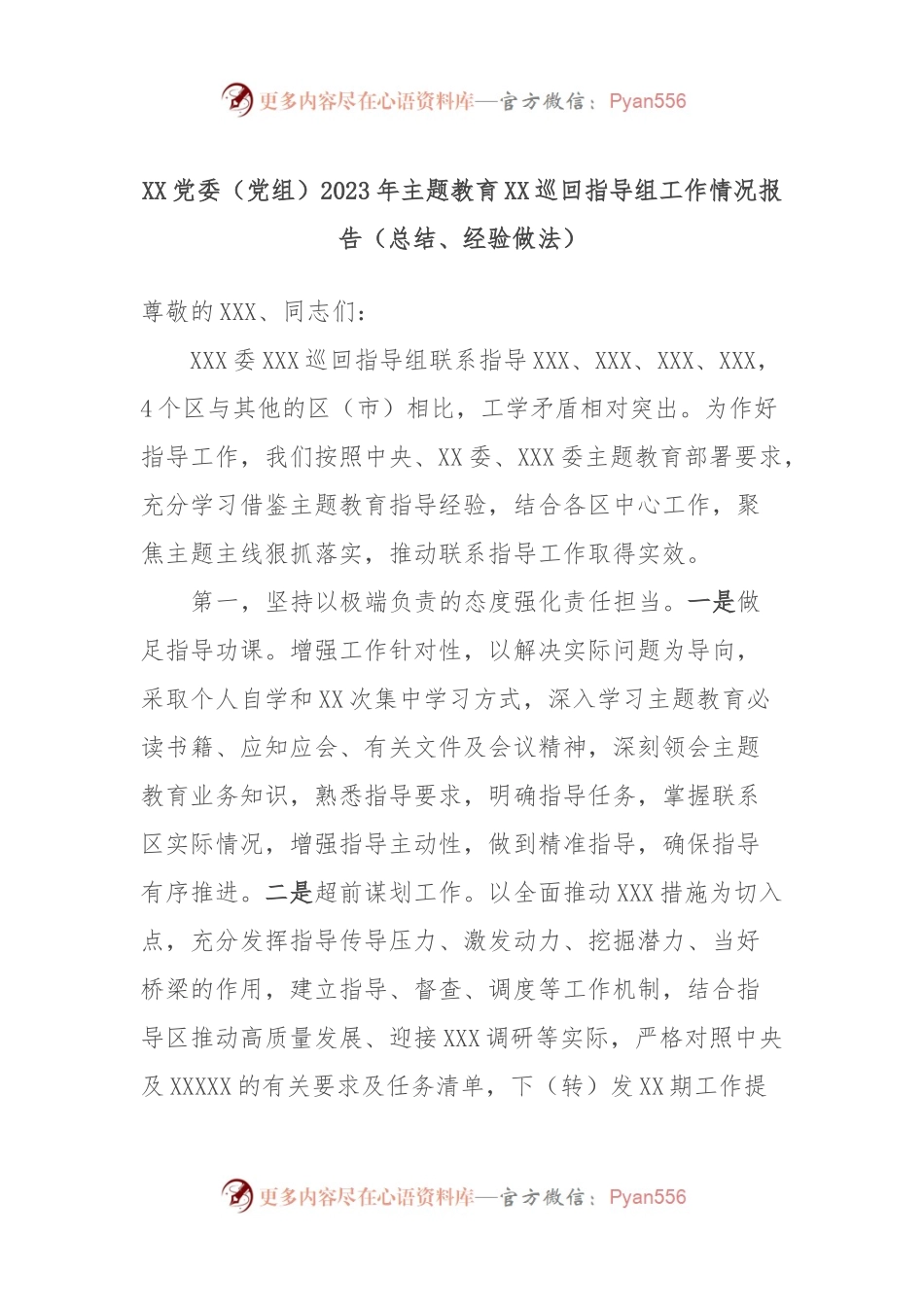 XX党委（党组）2023年主题教育XX巡回指导组工作情况报告（总结、经验做法）.docx_第1页