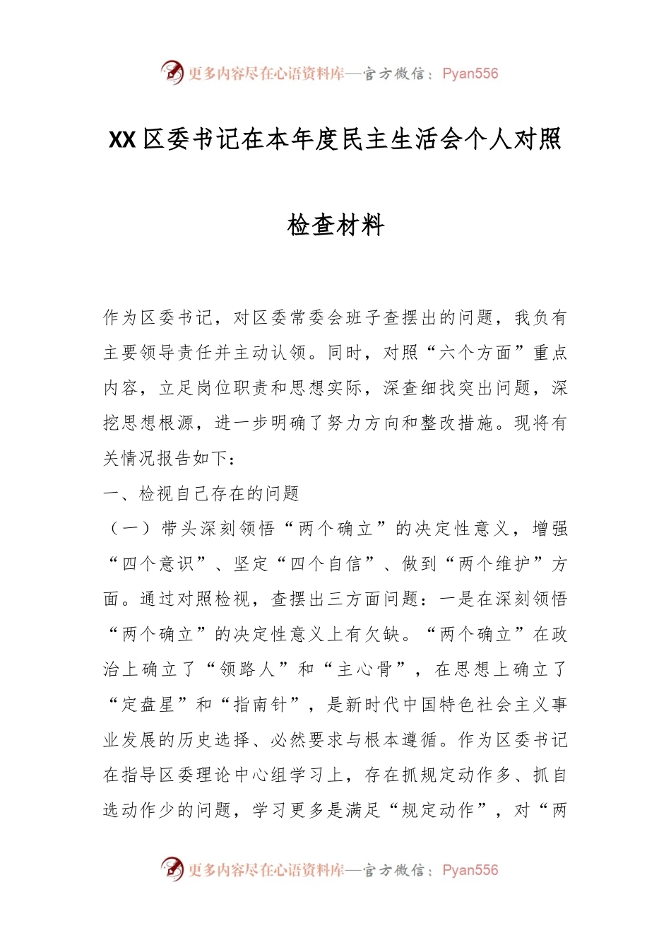 XX区委书记在本年度民主生活会个人对照检查材料.docx_第1页