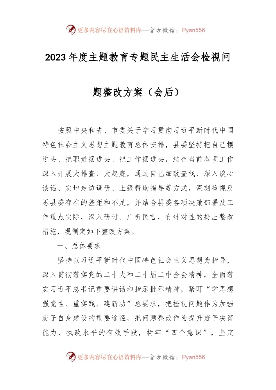 2023年度主题教育专题民主生活会检视问题整改方案（会后）.docx_第1页