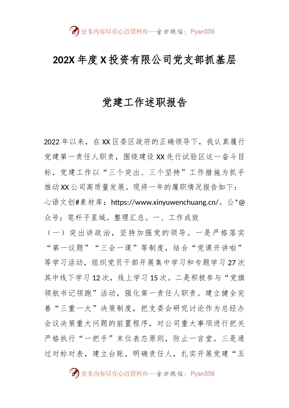 202X年度XX投资有限公司党支部抓基层党建工作述职报告.docx_第1页