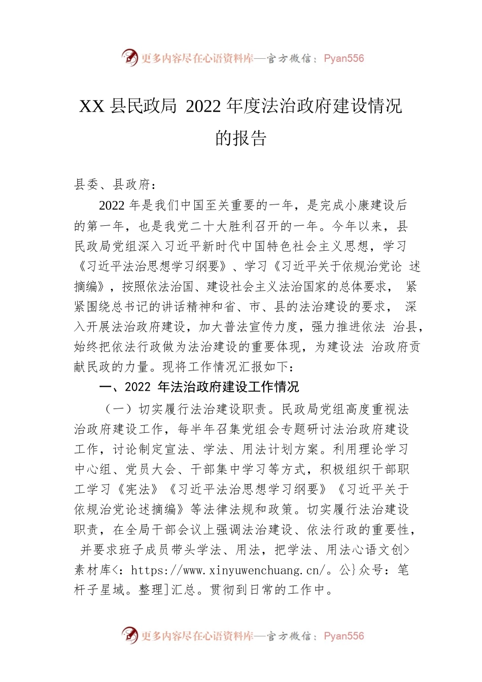 XX县民政局2022年度法治政府建设情况的报告（20230109）.docx_第1页