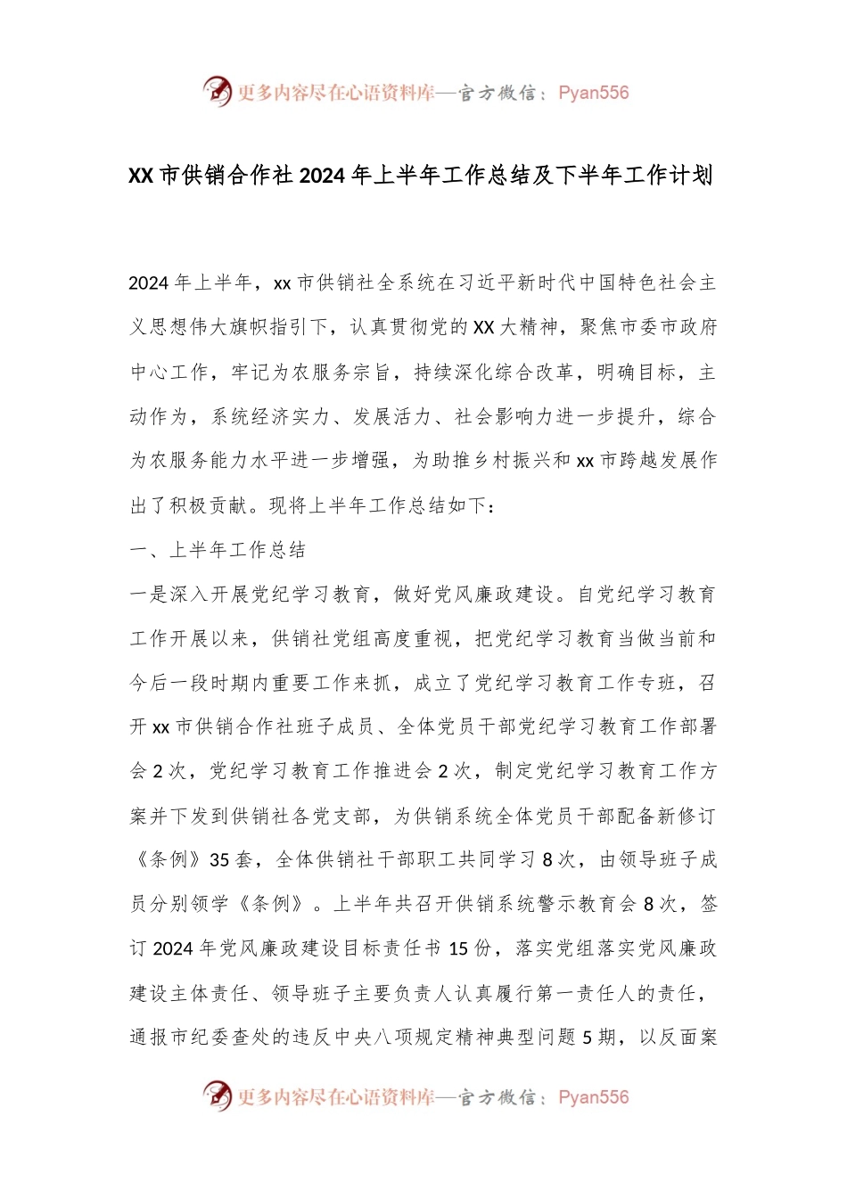 XX市供销合作社2024年上半年工作总结及下半年工作计划.docx_第1页
