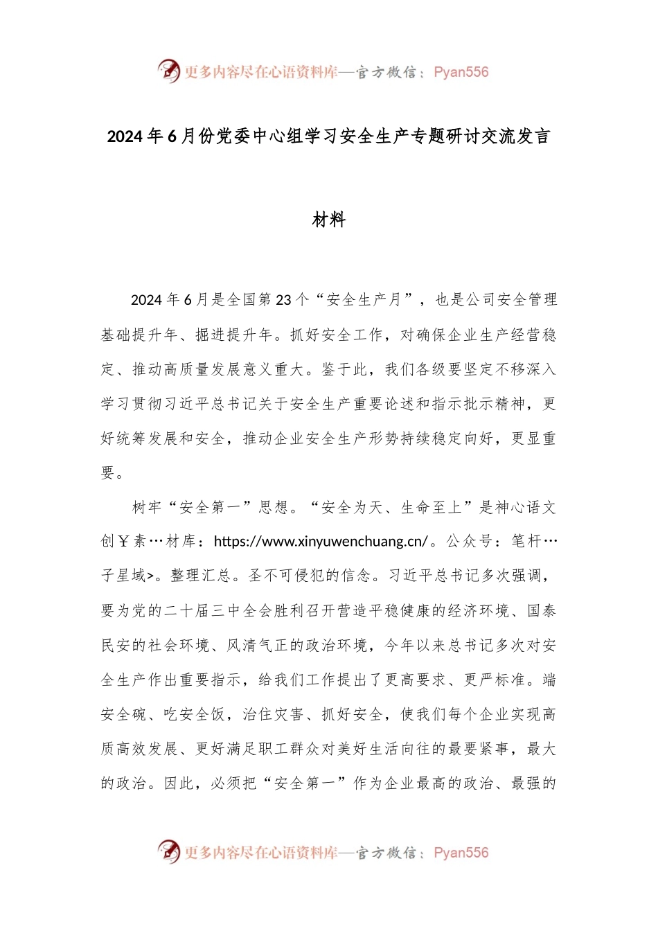 2024年6月份党委中心组学习安全生产专题研讨交流发言材料.docx_第1页