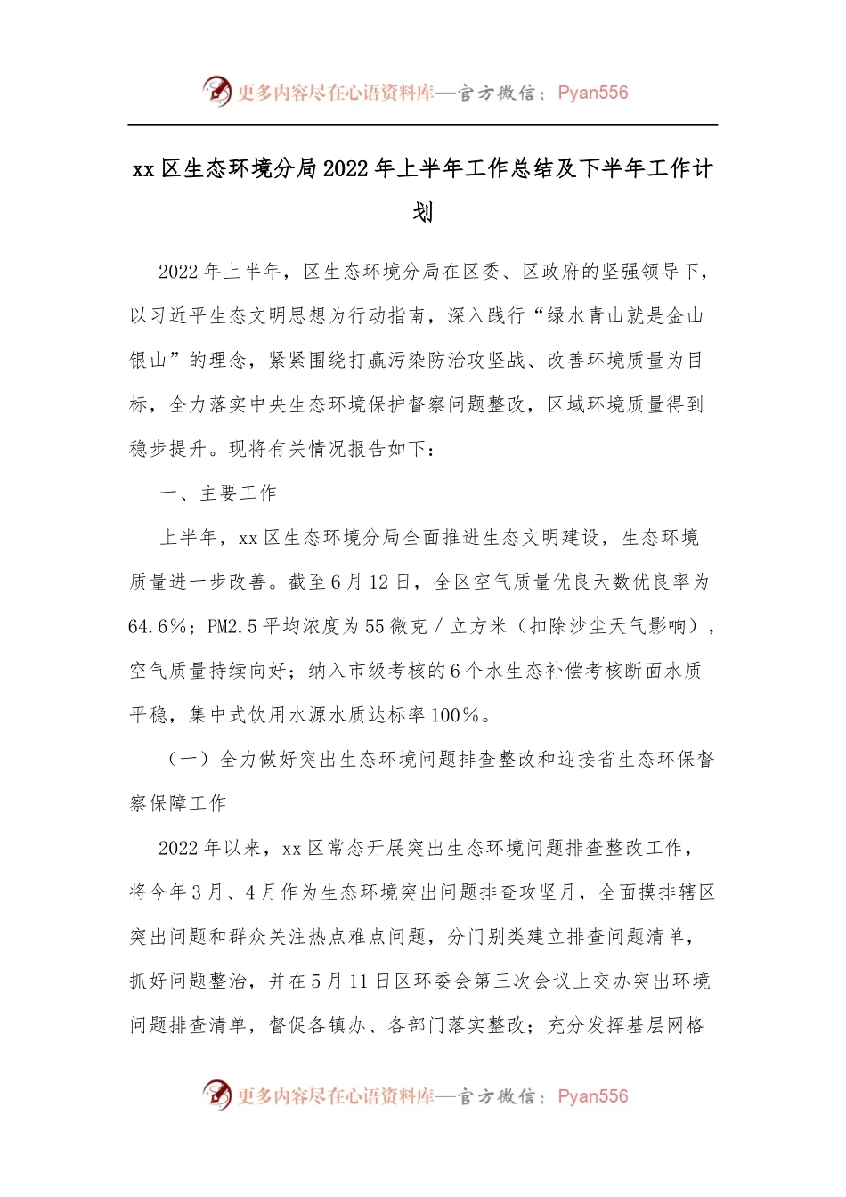 xx区生态环境分局2022年上半年工作总结及下半年工作计划.docx_第1页