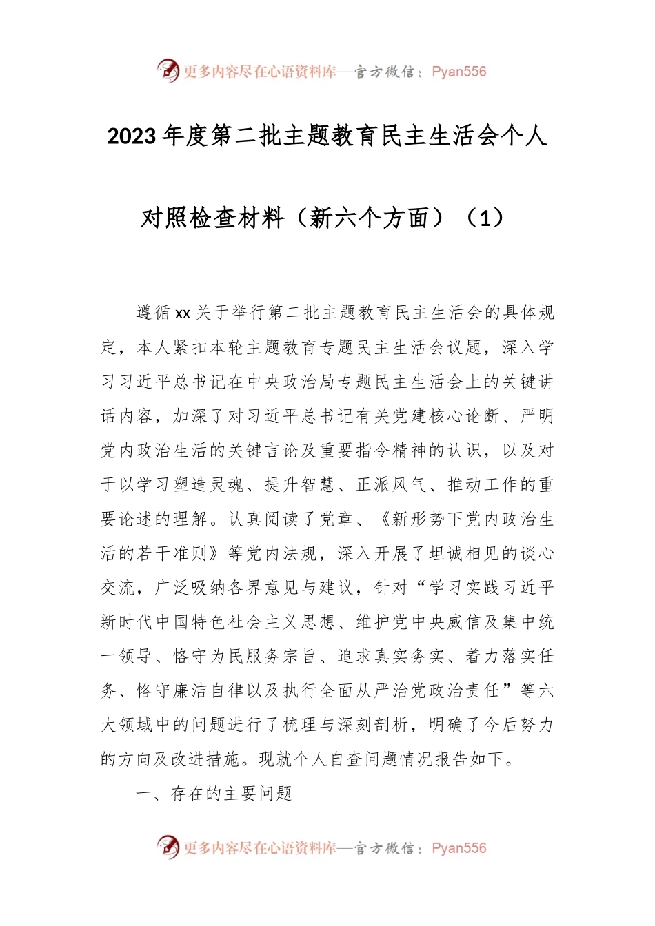 2023年度第二批主题教育民主生活会个人对照检查材料（新六个方面）（1）.docx_第1页