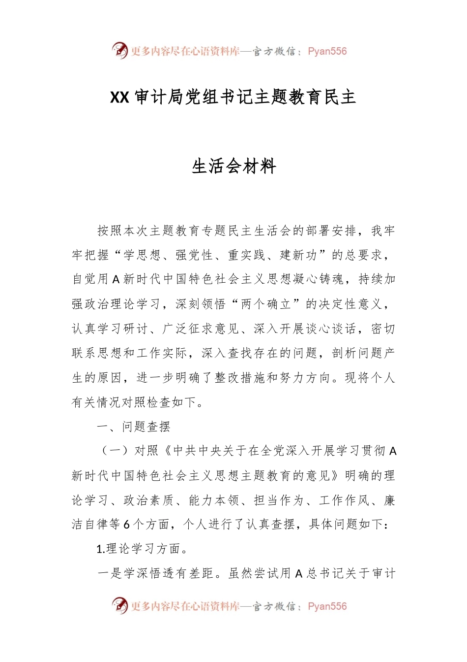 XX审计局党组书记主题教育民主生活会材料.docx_第1页