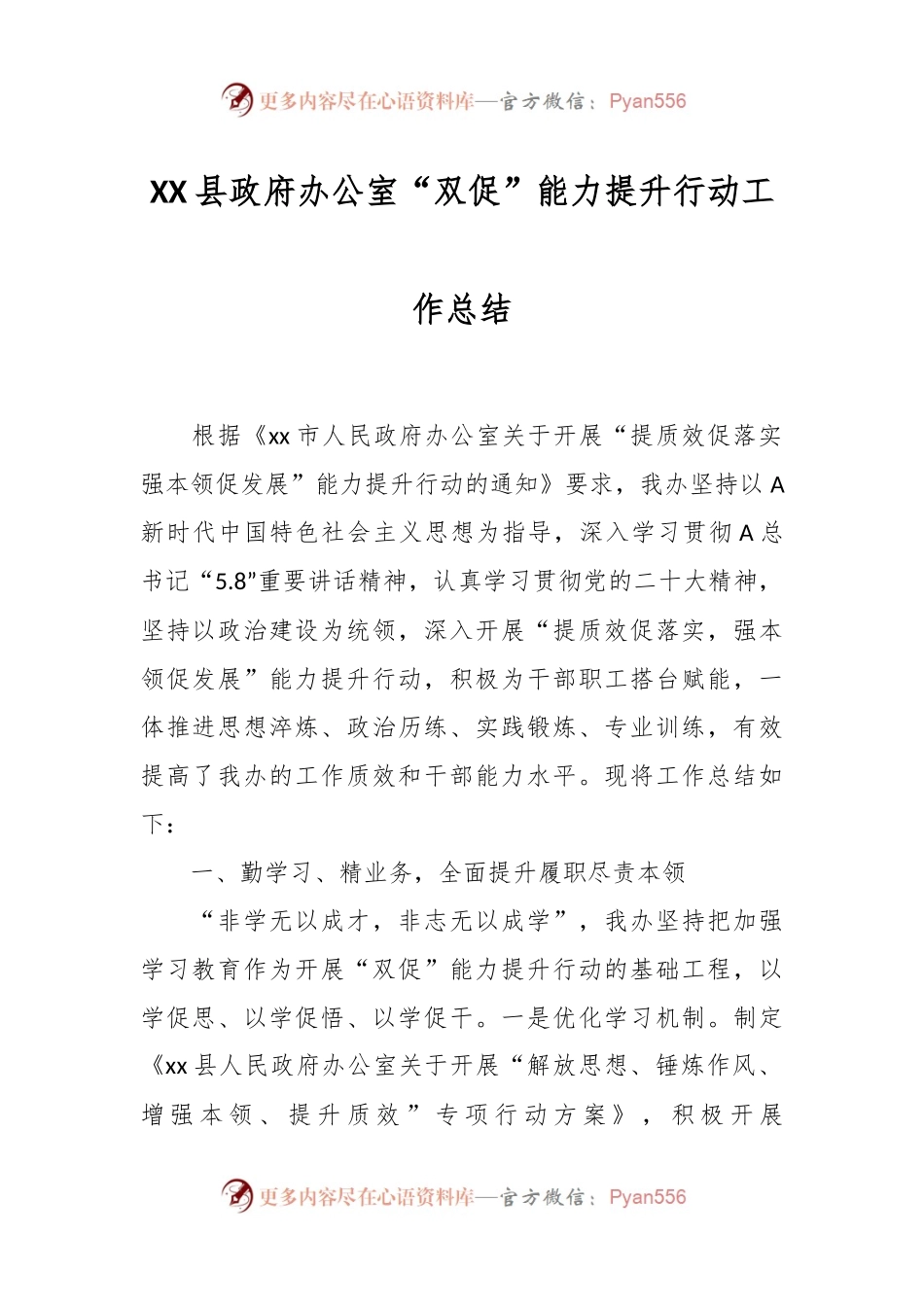 XX县政府办公室“双促”能力提升行动工作总结.docx_第1页