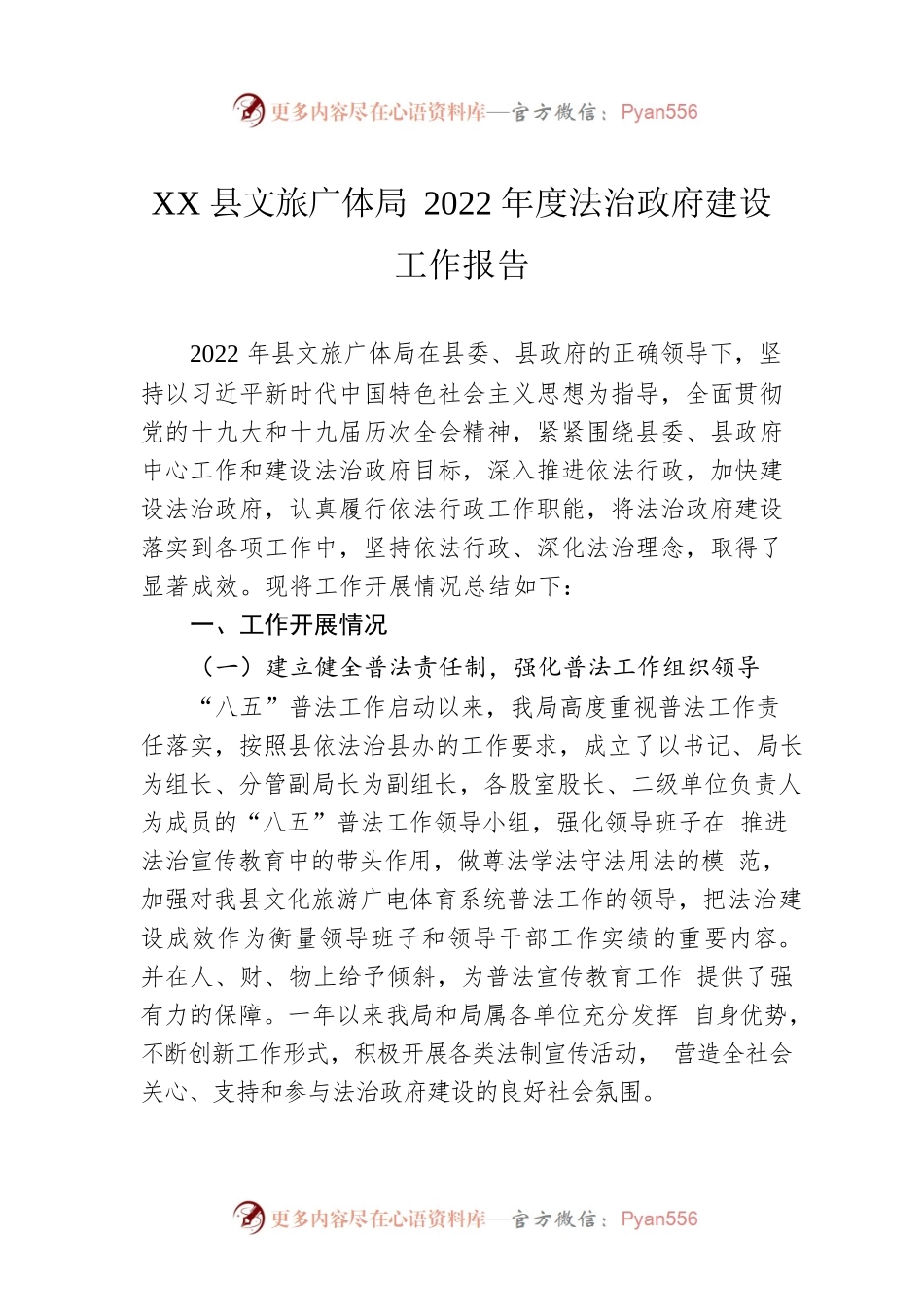 XX县文旅广体局2022年度法治政府建设工作报告（20221228）.docx_第1页