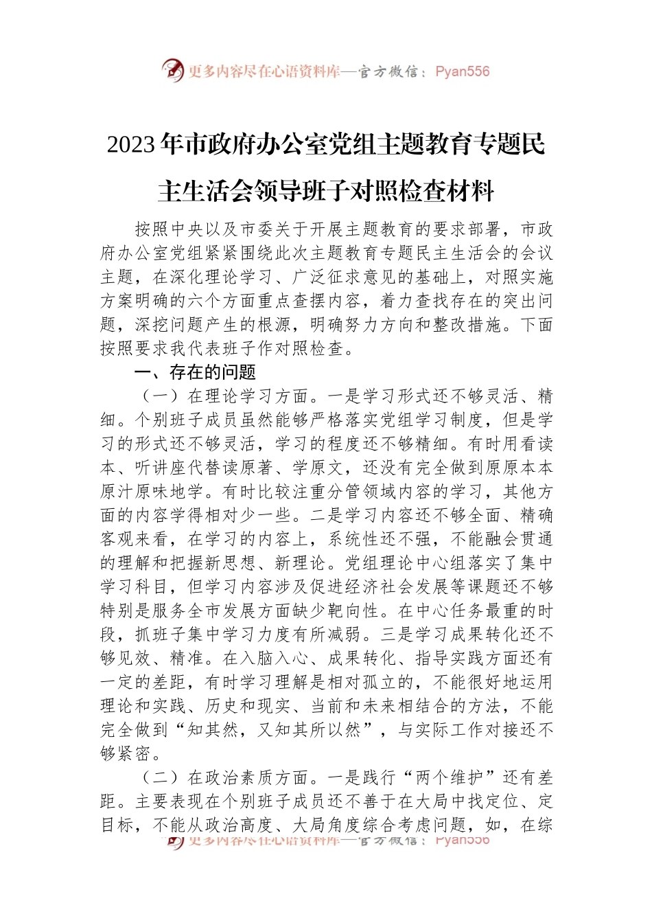 2023年市政府办公室党组主题教育专题民主生活会领导班子对照检查材料.docx_第1页