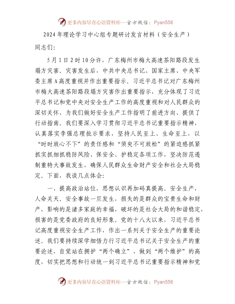 2024年中心组安全生产专题研讨发言.docx_第1页