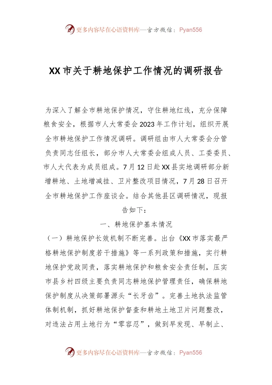 XX市关于耕地保护工作情况的调研报告.docx_第1页