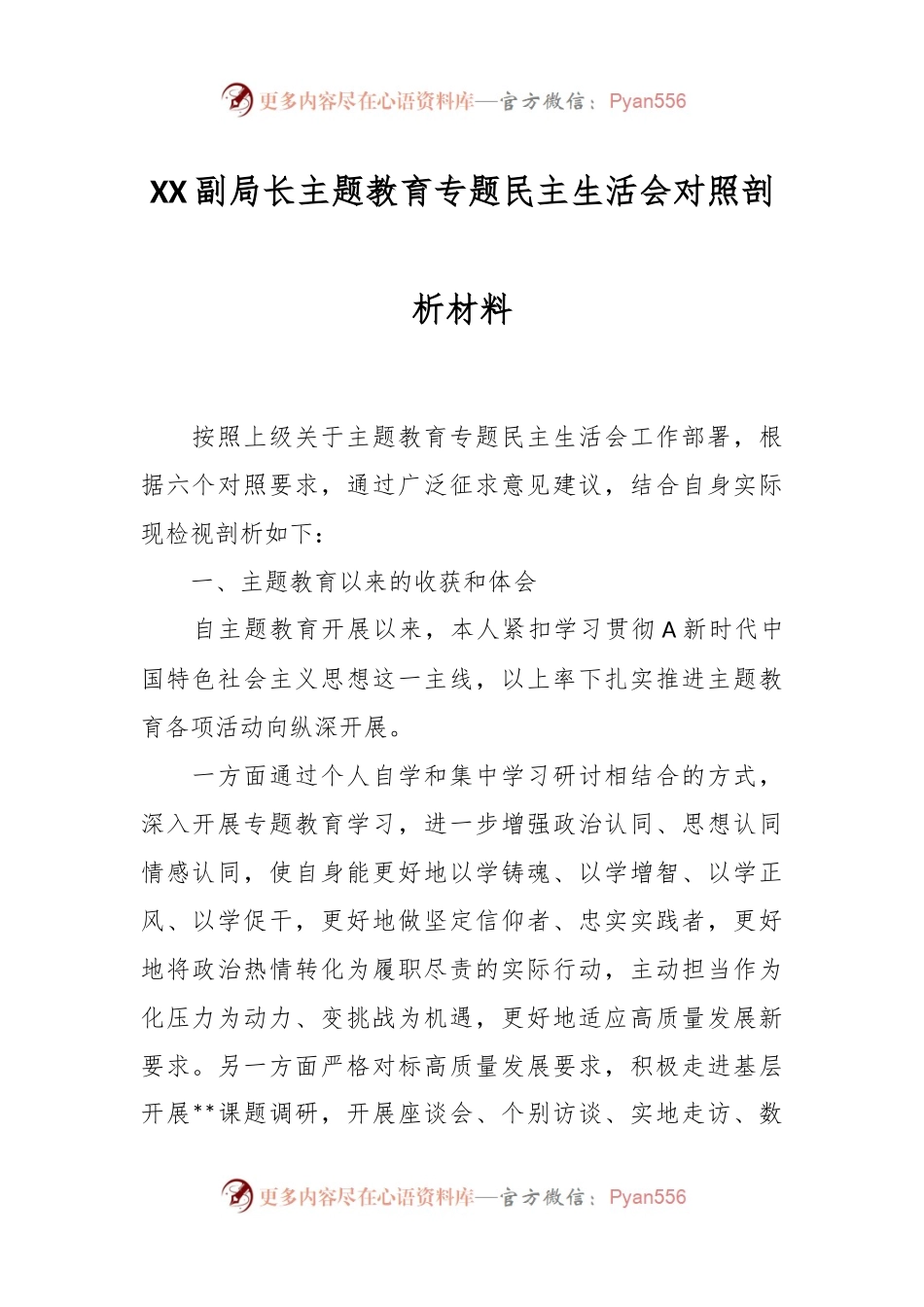 XX副局长主题教育专题民主生活会对照剖析材料.docx_第1页
