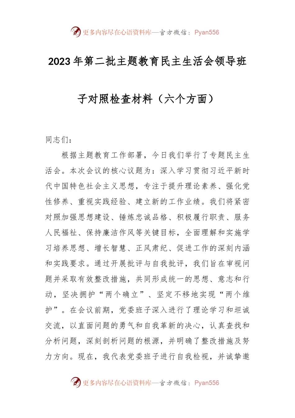 2023年第二批主题教育民主生活会领导班子对照检查材料（六个方面）.docx_第1页