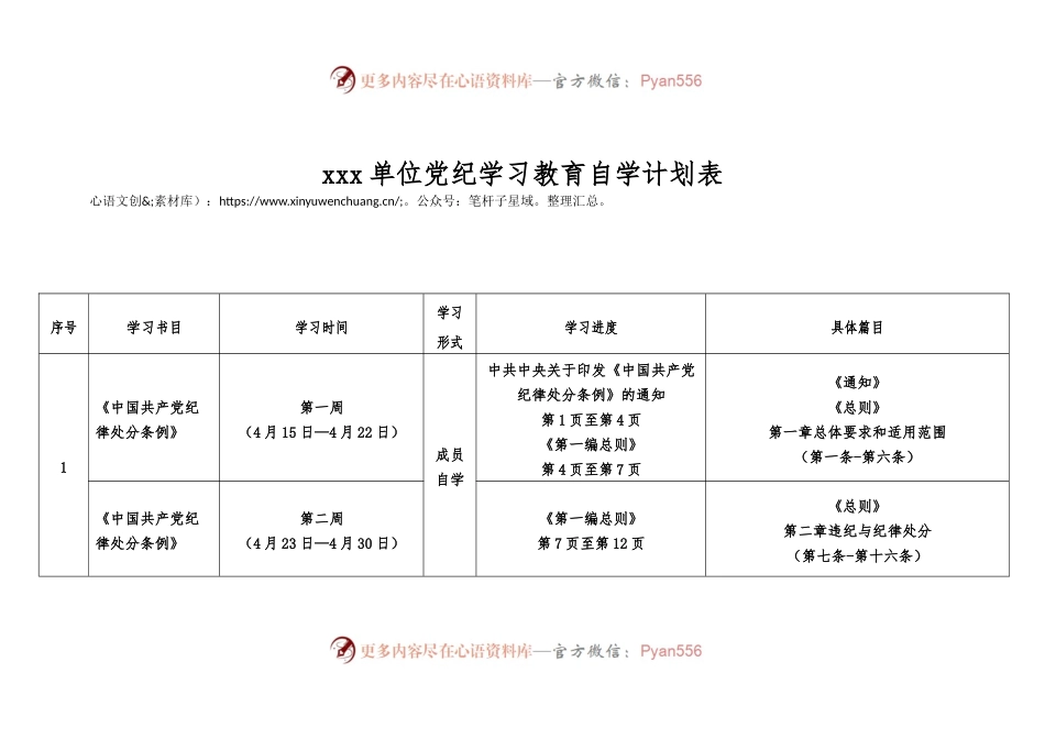 xxx单位党纪学习教育自学计划表.docx_第1页