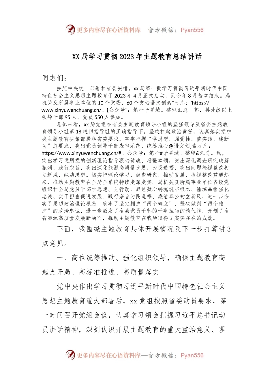 XX局学习贯彻2023年主题教育总结讲话稿.docx_第1页