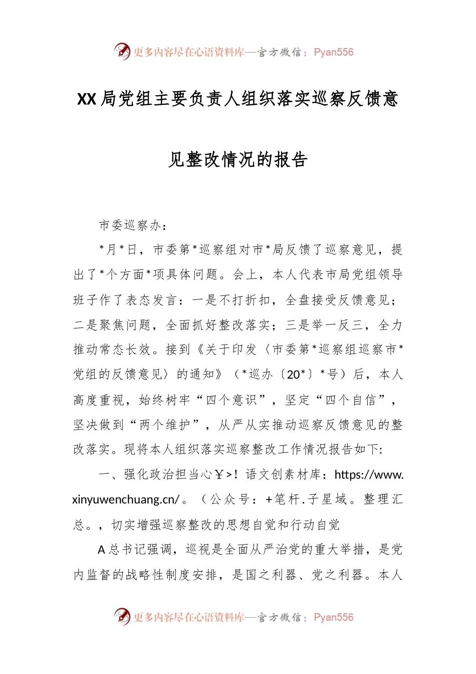 XX局党组主要负责人组织落实巡察反馈意见整改情况的报告.docx_第1页