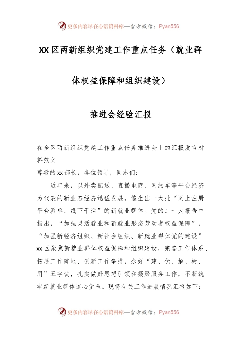 XX区两新组织党建工作重点任务（就业群体权益保障和组织建设）推进会经验汇报.docx_第1页