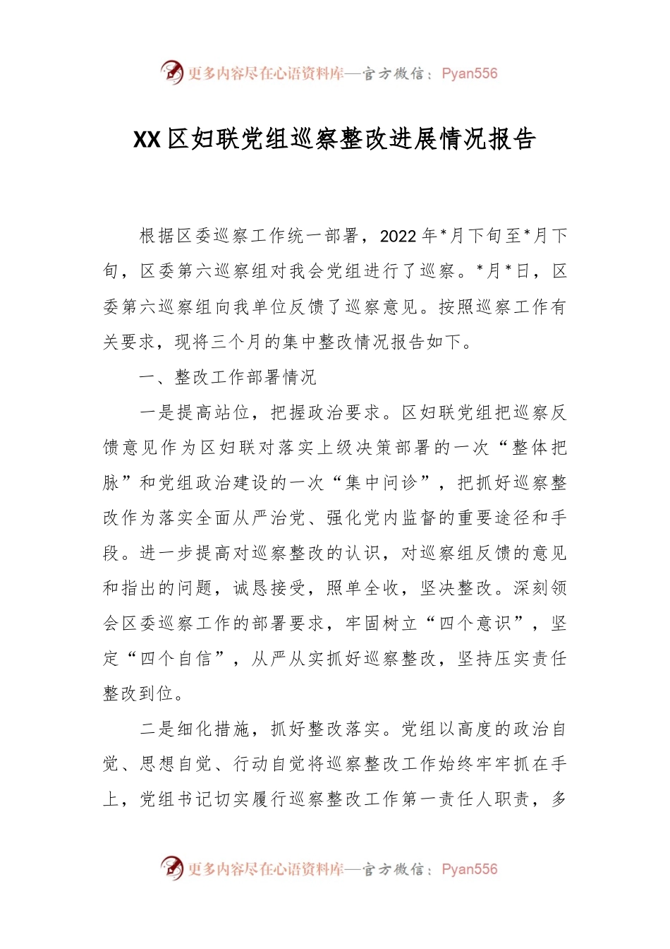 XX区妇联党组巡察整改进展情况报告.docx_第1页