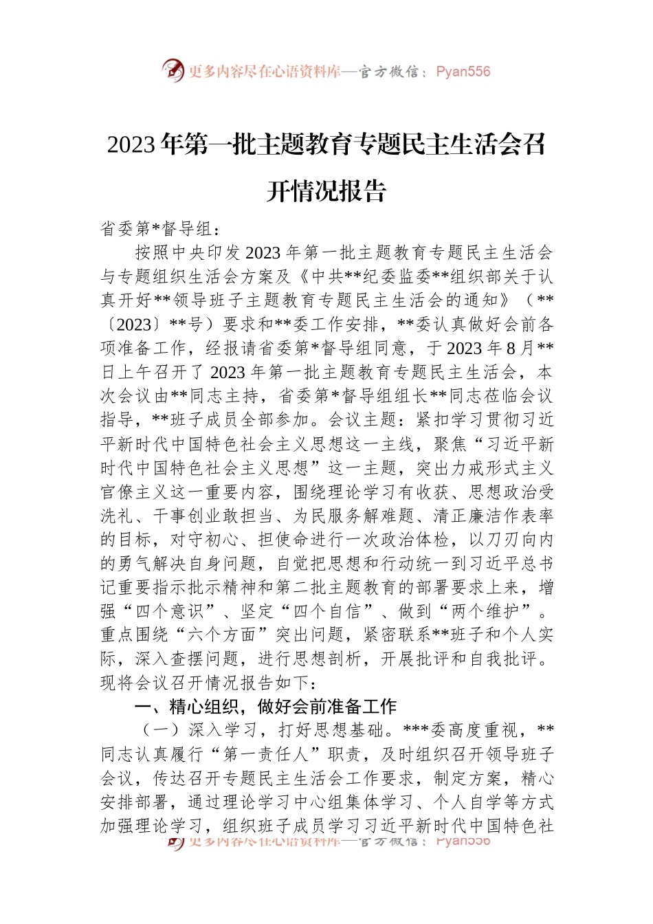 2023年第一批主题教育专题民主生活会召开情况报告.docx_第1页