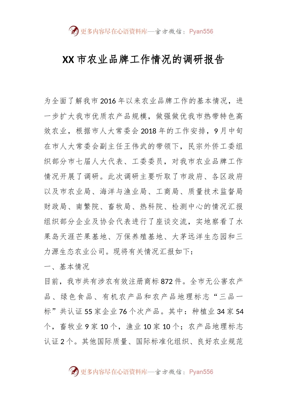 XX市农业品牌工作情况的调研报告.docx_第1页
