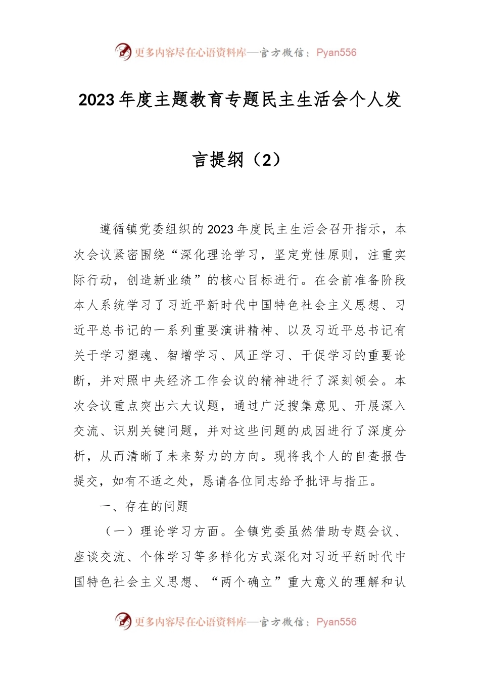 2023年度主题教育专题民主生活会个人发言稿提纲（2）.docx_第1页