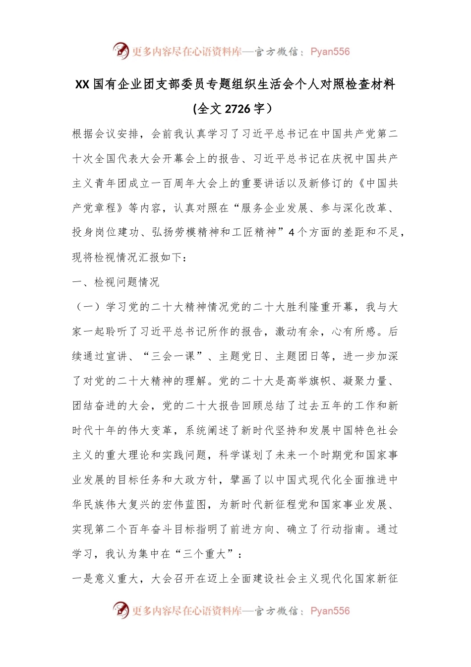 XX国有企业团支部委员专题组织生活会个人对照检查材料(全文2726字）.docx_第1页