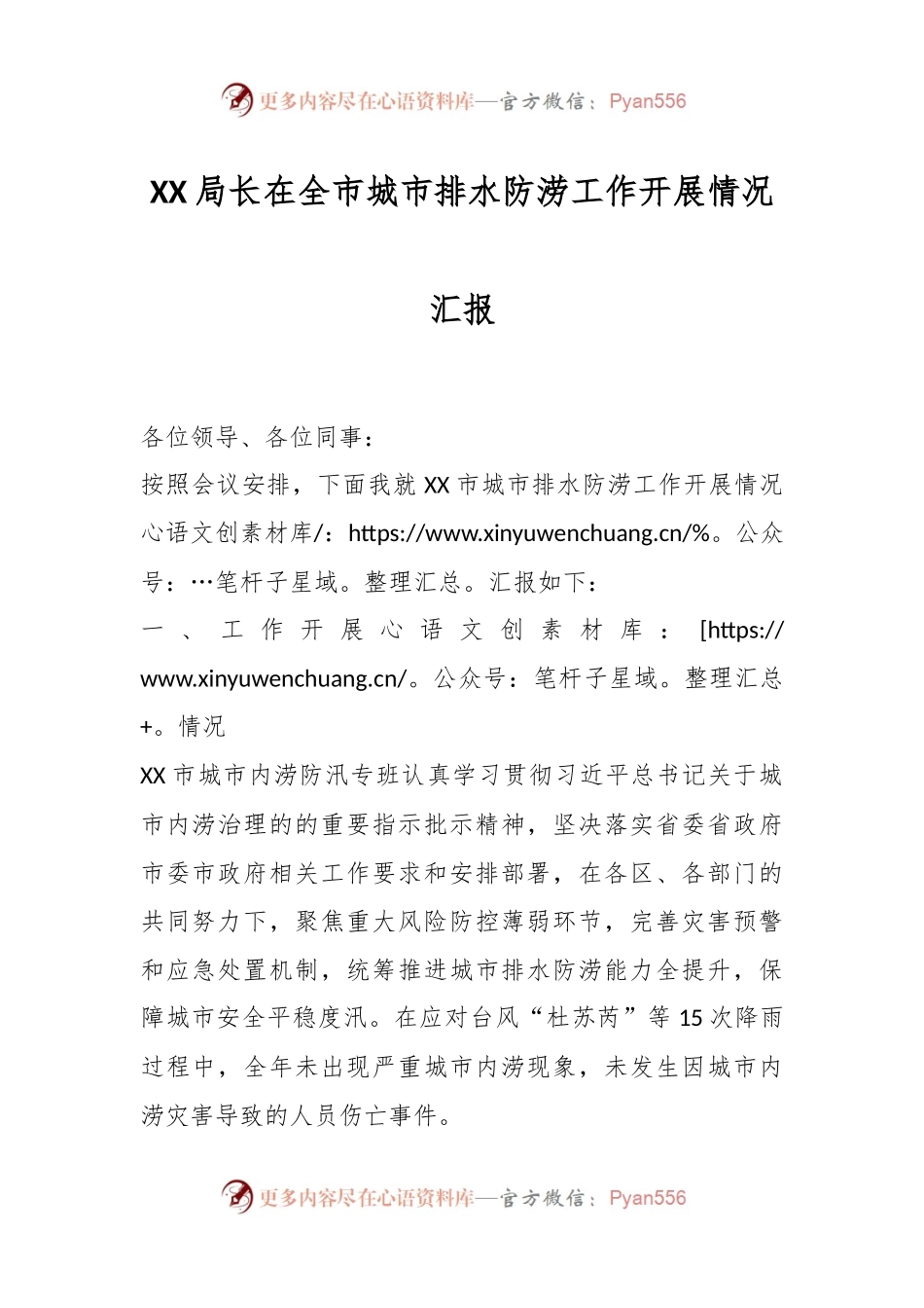 XX局长在全市城市排水防涝工作开展情况汇报.docx_第1页