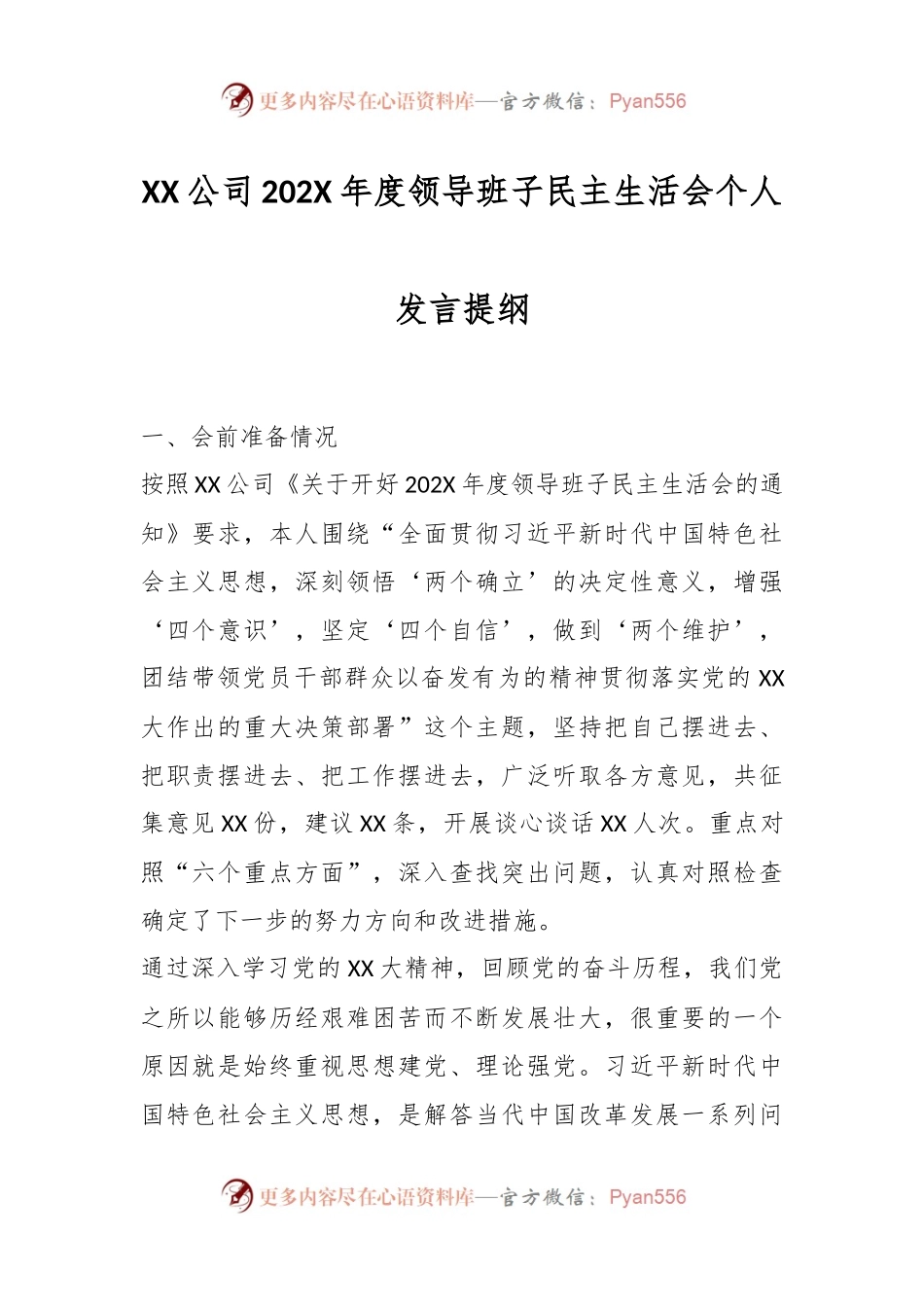 XX公司202X年度领导班子民主生活会个人发言稿提纲.docx_第1页