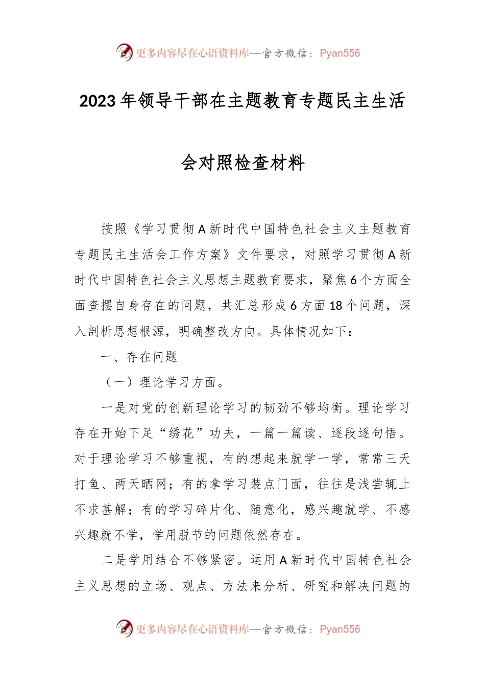 2023年领导干部在主题教育专题民主生活会对照检查材料.docx_第1页