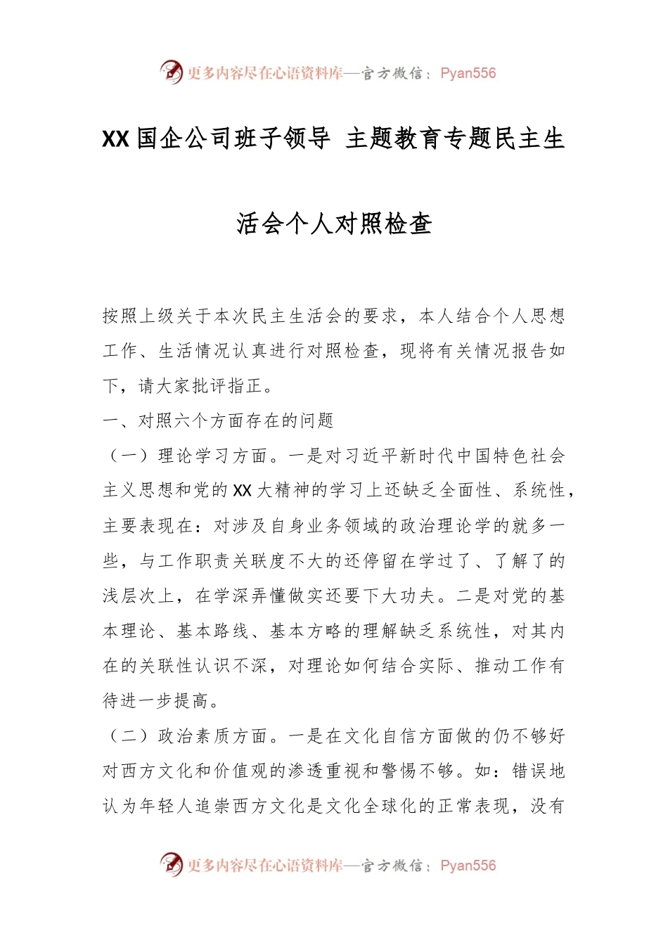 XX国企公司班子领导 主题教育专题民主生活会个人对照检查.docx_第1页