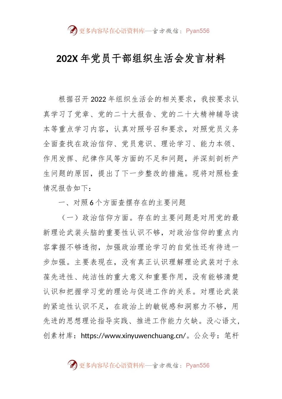 202X年党员干部组织生活会发言材料.docx_第1页