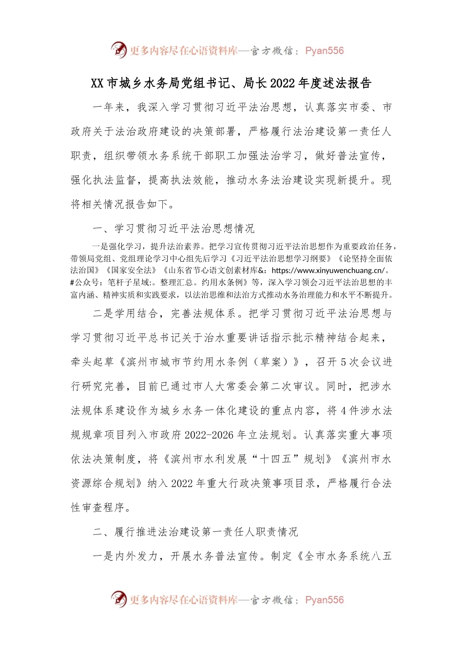 XX市城乡水务局党组书记、局长2022年度述法报告.docx_第1页