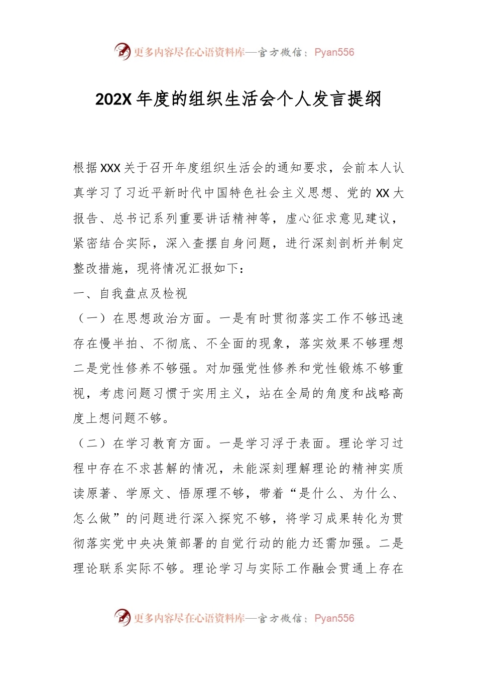 202X年度的组织生活会个人发言提纲.docx_第1页