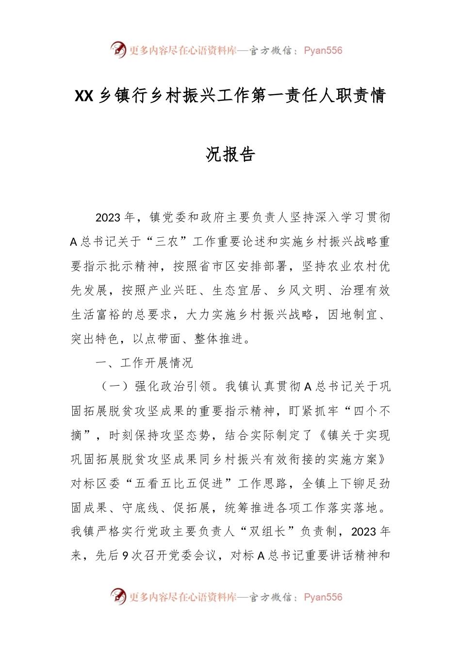 XX乡镇行乡村振兴工作第一责任人职责情况报告.docx_第1页