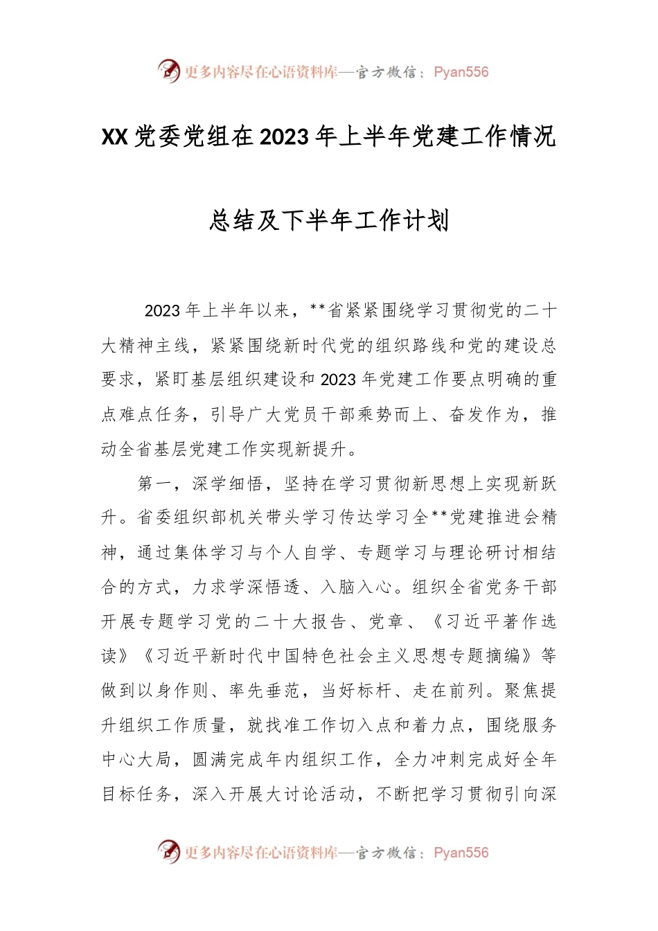 XX党委党组在2023年上半年党建工作情况总结及下半年工作计划.docx_第1页