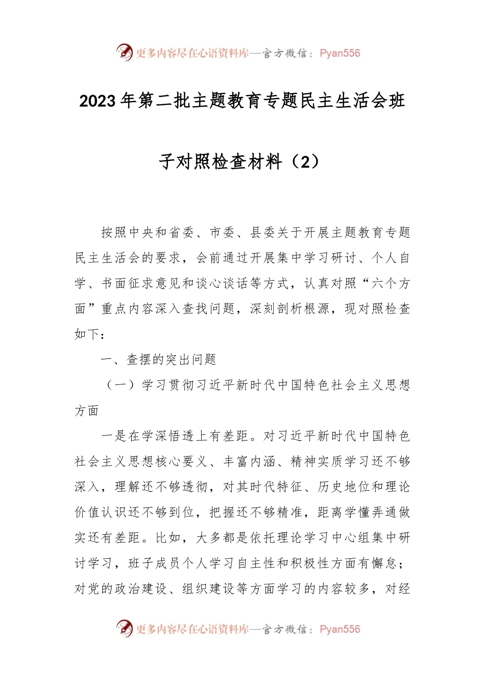 2023年第二批主题教育专题民主生活会班子对照检查材料（2）.docx_第1页