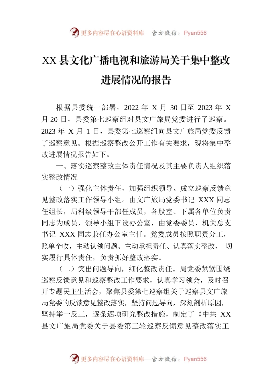 XX县文化广播电视和旅游局关于集中整改进展情况的报告.docx_第1页
