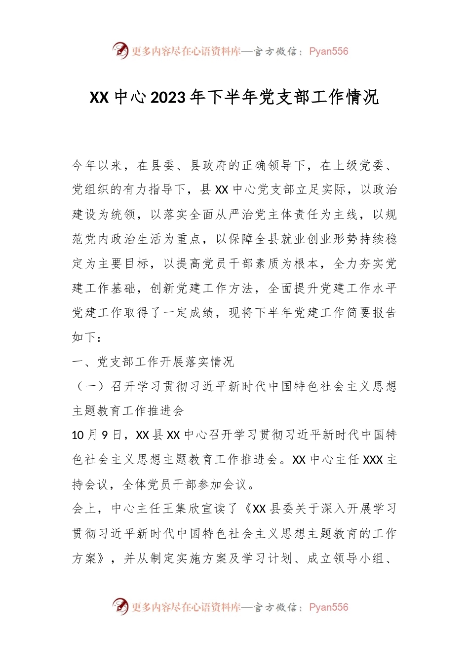 XX中心2023年下半年党支部工作情况.docx_第1页