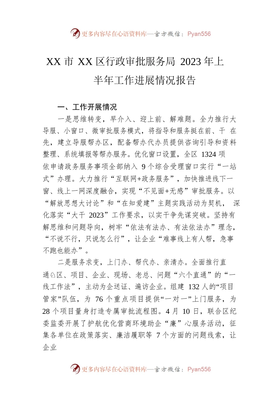 XX市XX区行政审批服务局2023年上半年工作进展情况报告（20230608）.docx_第1页