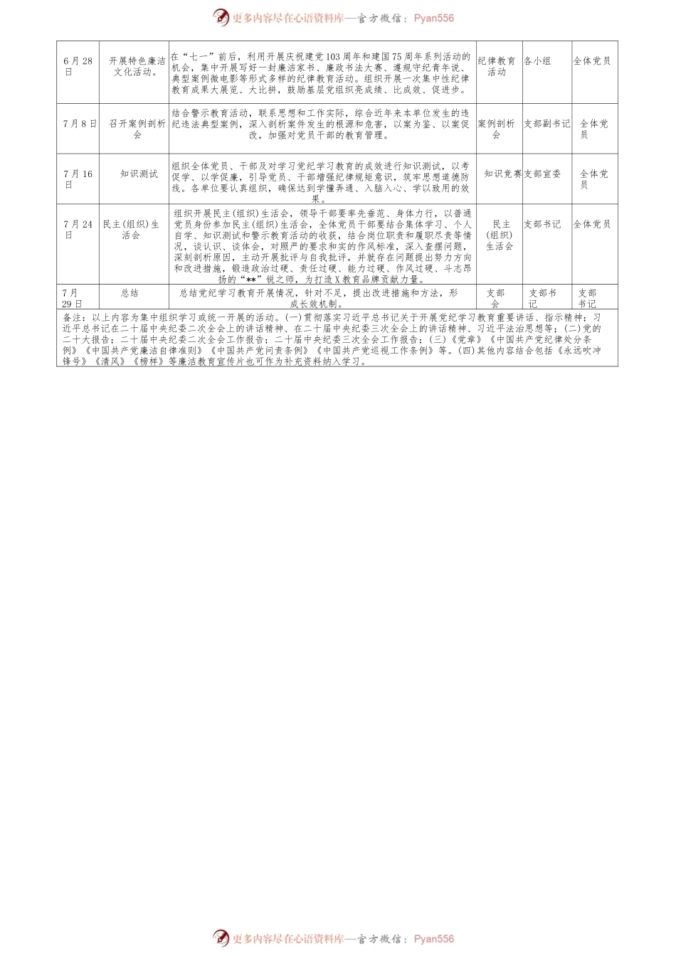 2024年党支部党委开展党纪学习教育计划安排表（表格文字版4份）.docx_第2页
