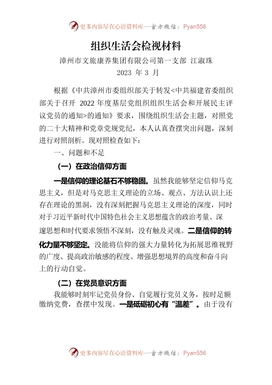 2023集团公司第一支部组织生活会检视材料.docx_第1页