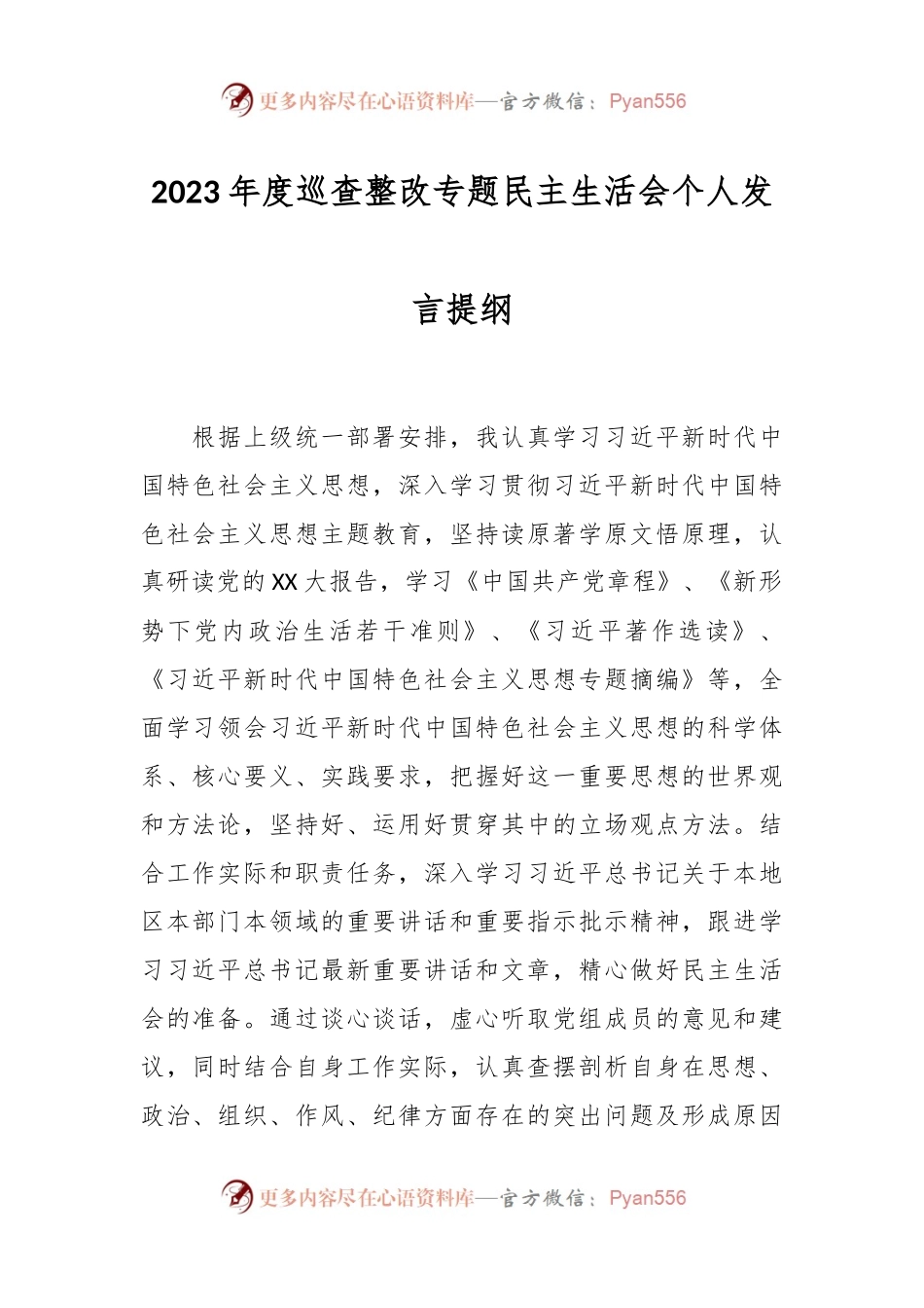 2023年度巡查整改专题民主生活会个人发言稿提纲.docx_第1页