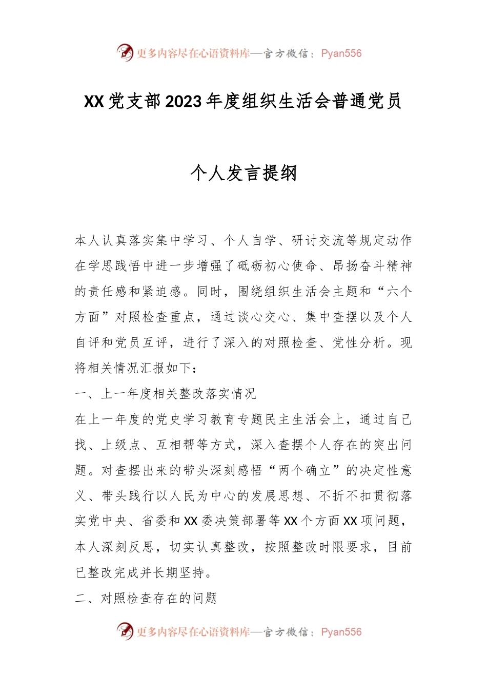 XX党支部2023年度组织生活会普通党员个人发言提纲.docx_第1页