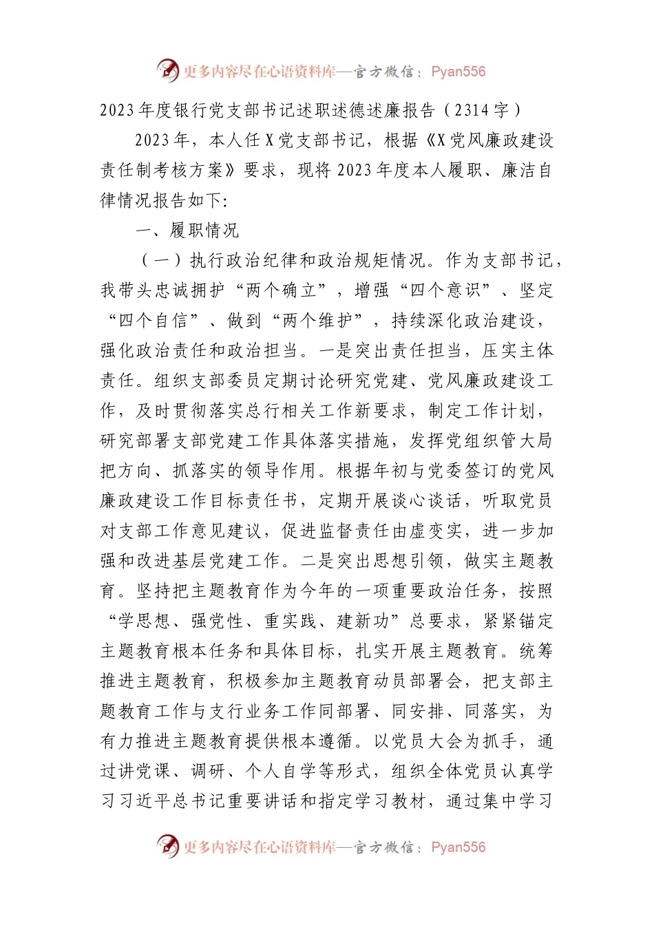 2023年度国企银行党支部书记述职述德述廉报告.docx_第1页
